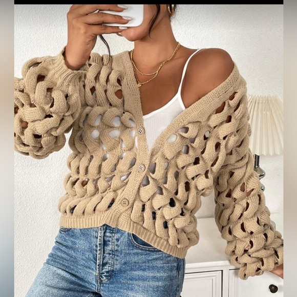 SHEIN Sweaters - Chunky Hollow Out Knit Khaki Cardigan